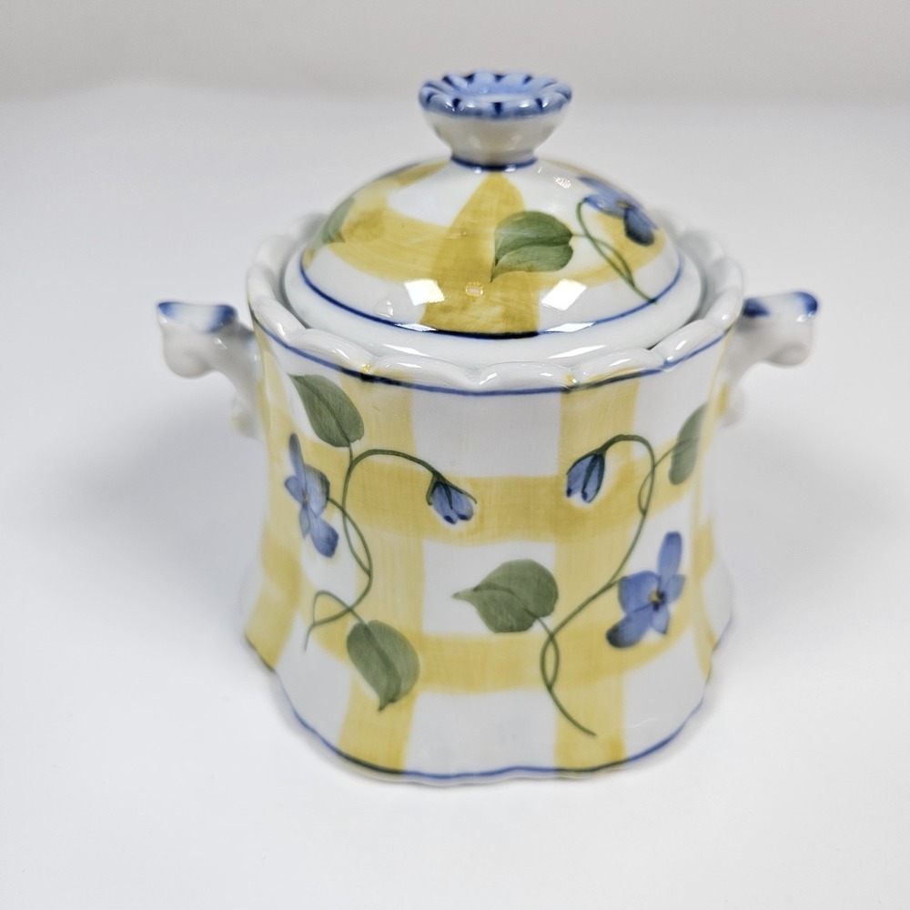 Andrea By Sadek‎ Ceramic Sugar Bowl Small Yellow Gingham Floral Cottagecore